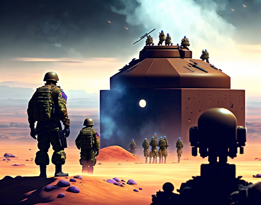 Futuristic soldiers and armored vehicle on alien desert planet with distant explosion and two moons