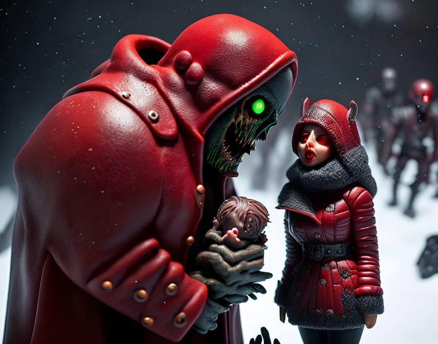 Detailed red cloak creature and girl figurines in confrontation with dark background figures.