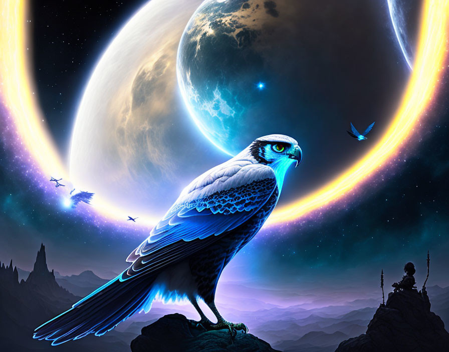 Blue falcon perched on rocky outcrop under cosmic sky