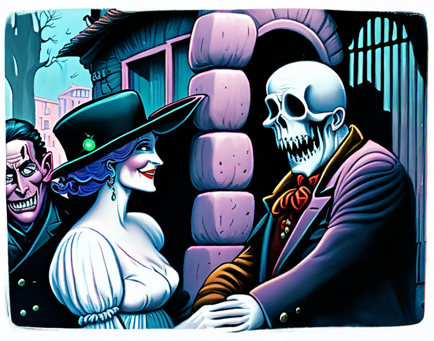 Illustration of smiling woman in hat with skull-faced figure in suit and grinning man in background