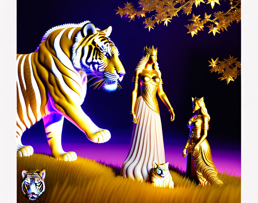 Surreal digital artwork: Golden tiger, crowned woman, purple landscape