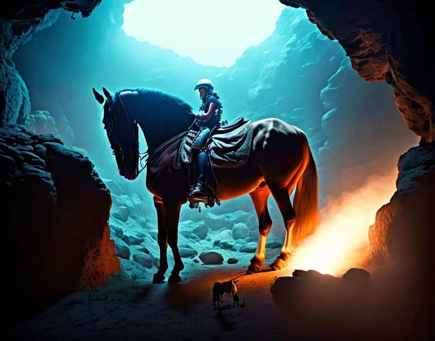 Rider on horseback with dog at cave entrance in warm light