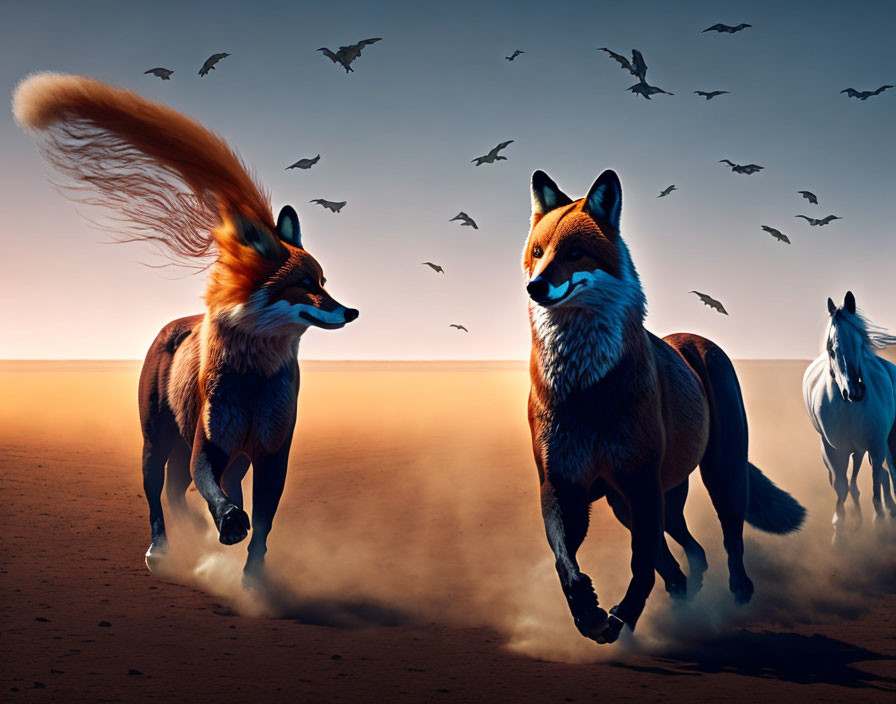 Stylized foxes, horse, and birds in desert twilight.