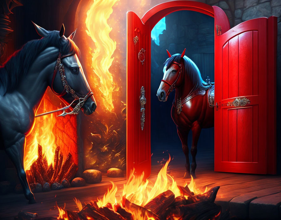Two horses in fiery portal and dark room with ornate red door
