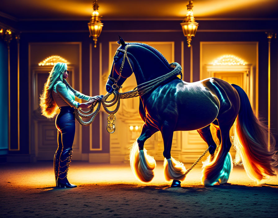 Futuristic person with flaming horse in opulent hallway