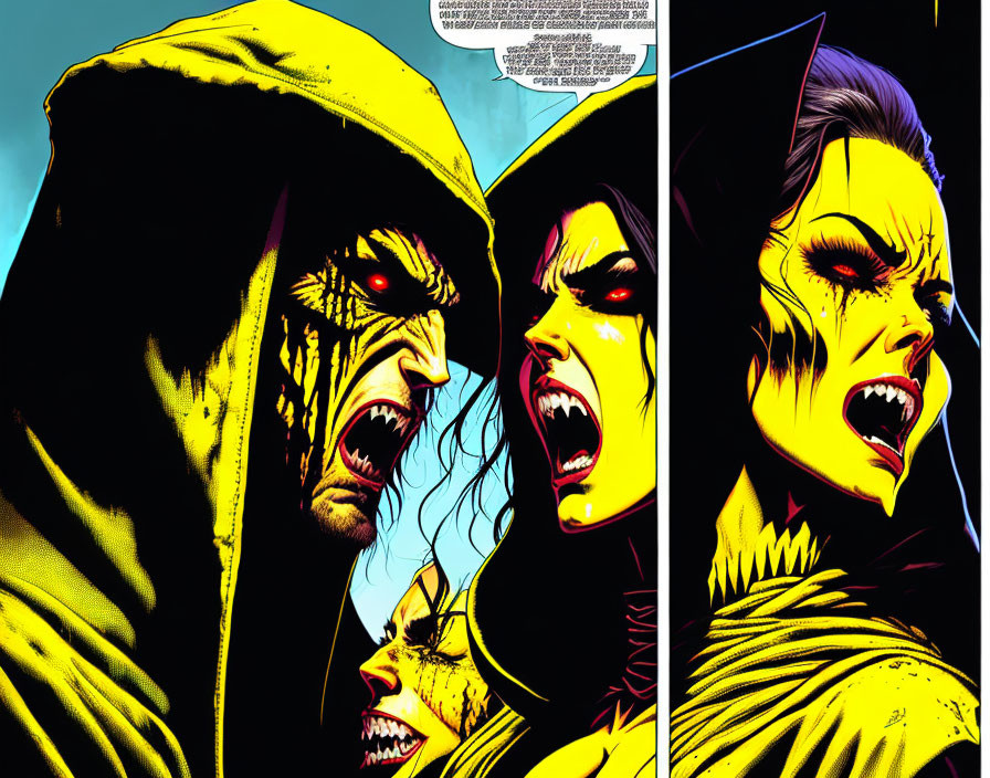 Three characters in comic book panel: hooded figure with red eyes, snarling women in yellow