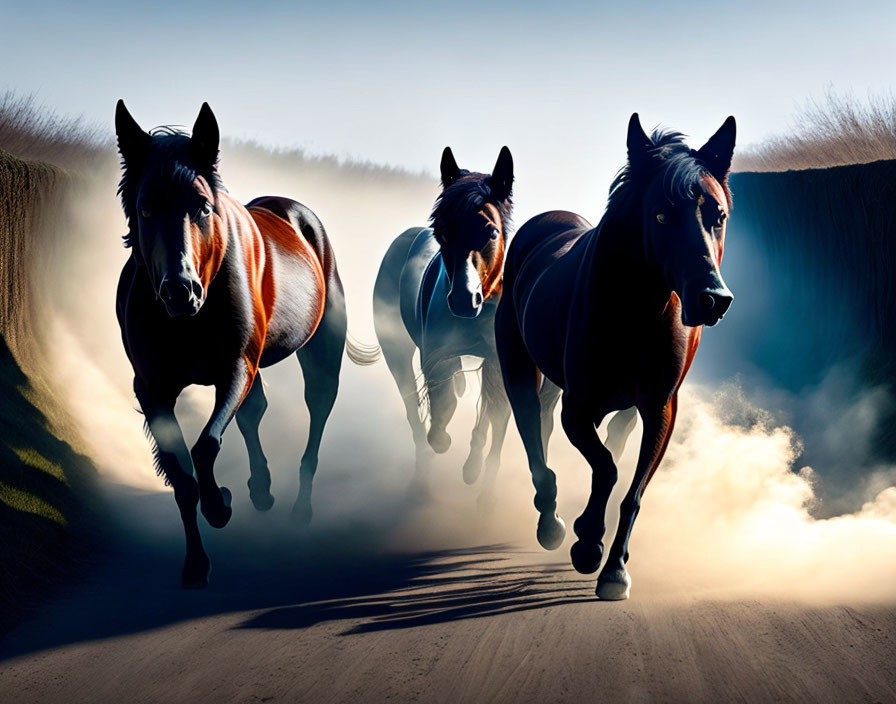 Intense galloping horses under dramatic light