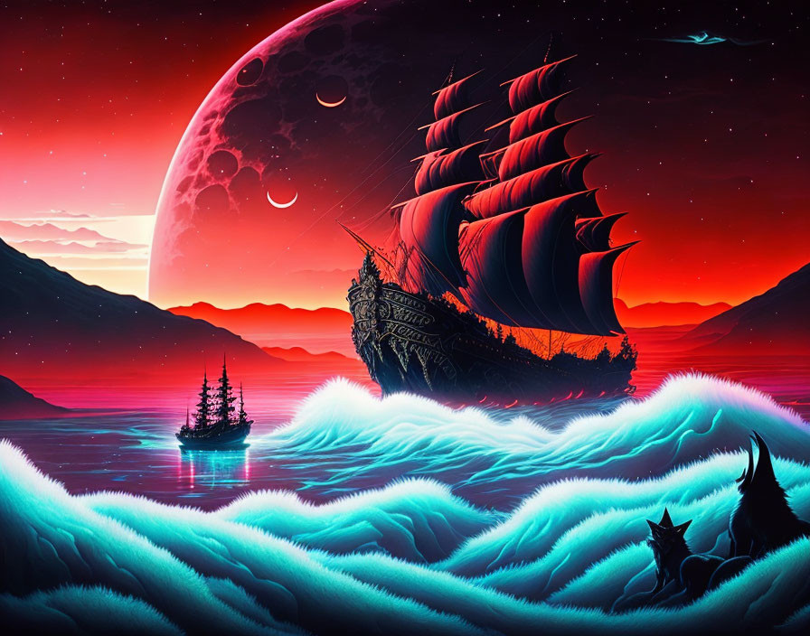 Digital artwork of large sailing ship on glowing blue waves under night sky with huge moon amidst mountainous landscape