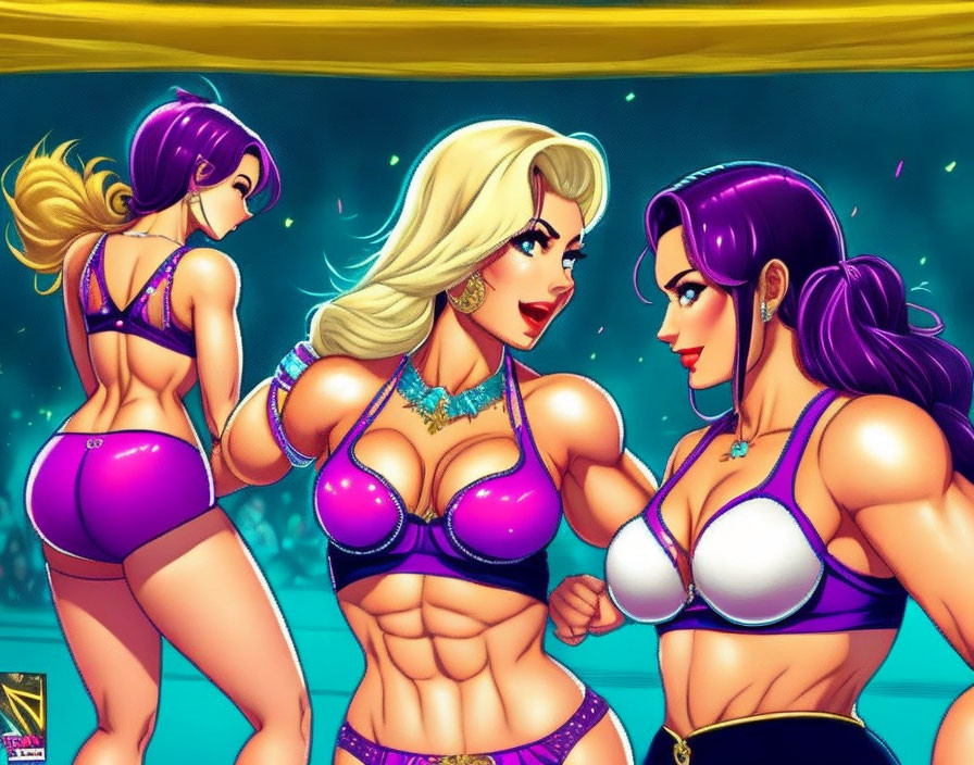 Vibrant Bikini-Clad Animated Women with Exaggerated Proportions on Yellow Background