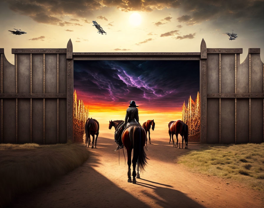 Silhouette of lone rider on horseback at sunset with futuristic ships in vivid sky