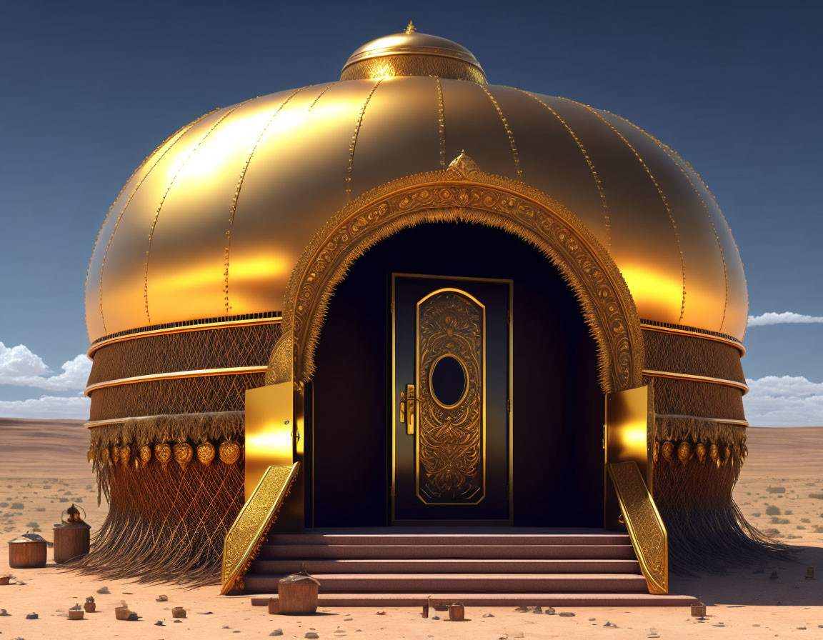 Golden Dome-Shaped Structure with Decorated Door in Desert Setting