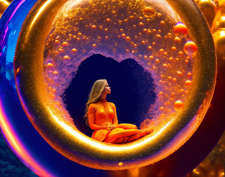 Woman in Yellow Dress Meditating in Heart-Shaped Bubble with Galaxy Background