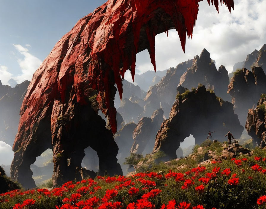 Red Flora Landscape Under Colossal Rock Arch