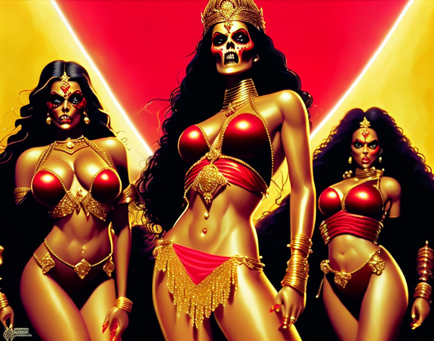 Three female figures in ornate red and gold costumes with skull faces on a fiery background.