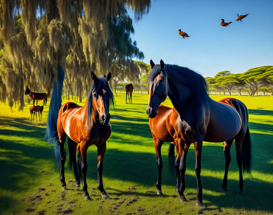 Sunlit field with two horses, trees, and birds in the background