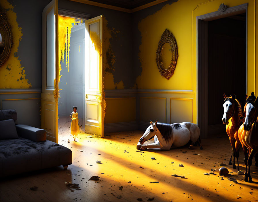 Child with two horses in sunlit room with yellow walls