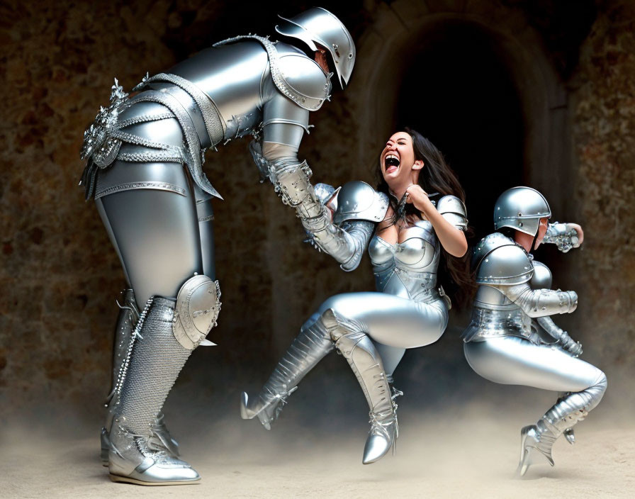 Futuristic knight armor trio in medieval castle courtyard