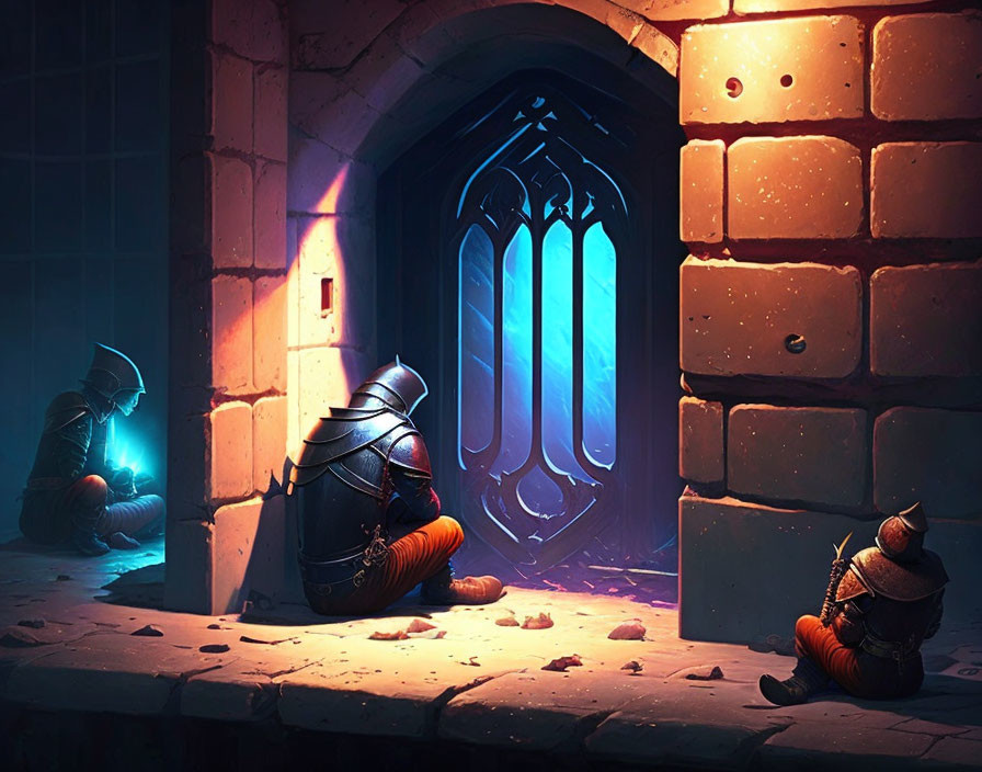 Medieval chamber with three knights by glowing doorway