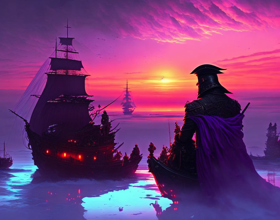 Pirate observing fleet at sea in vibrant sunset sky