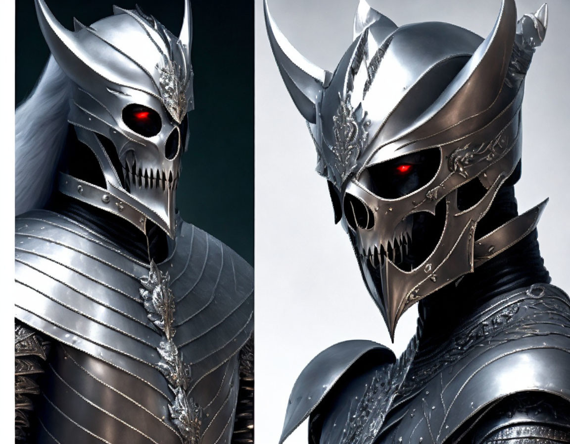 Detailed Silver Knight Armor with Menacing Helmet and Red Glowing Eyes