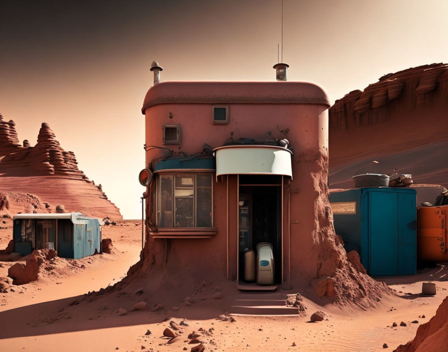 Cylindrical Building with Sliding Door on Mars-Like Landscape