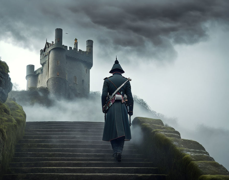 Person in Hat and Cape Climbing Misty Stone Steps to Ominous Castle