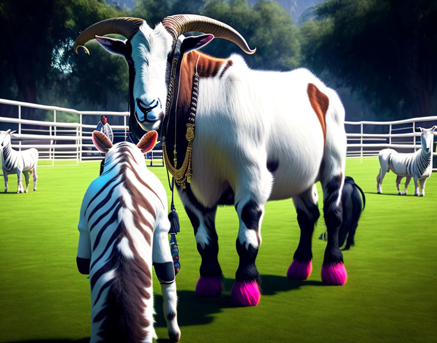 Stylized image of white and blue zebra and golden-horned goat in fenced area