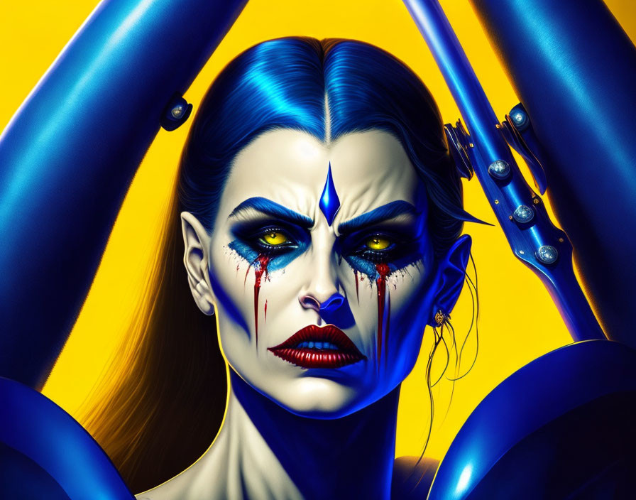 Blue-skinned woman with yellow eyes and dramatic makeup in digital art