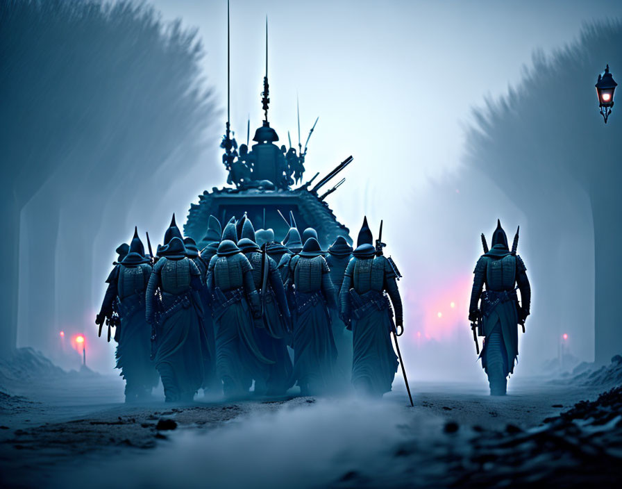 Mystical nighttime march with warriors and armored vehicle on foggy palm-lined path