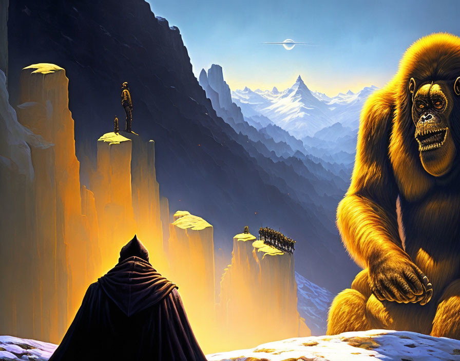 Mysterious cloaked figure in surreal landscape with giant gorilla and Saturn-like rings