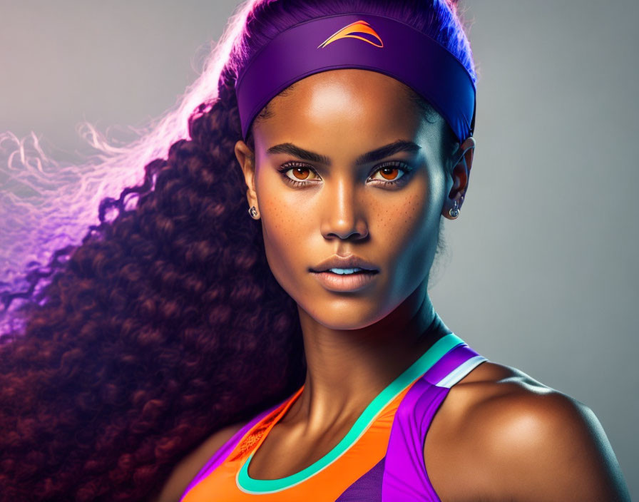 Confident woman with flawless skin in purple headband and tank top on gradient background