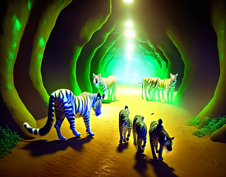 Vibrant digitally altered zebras in surreal green tunnel