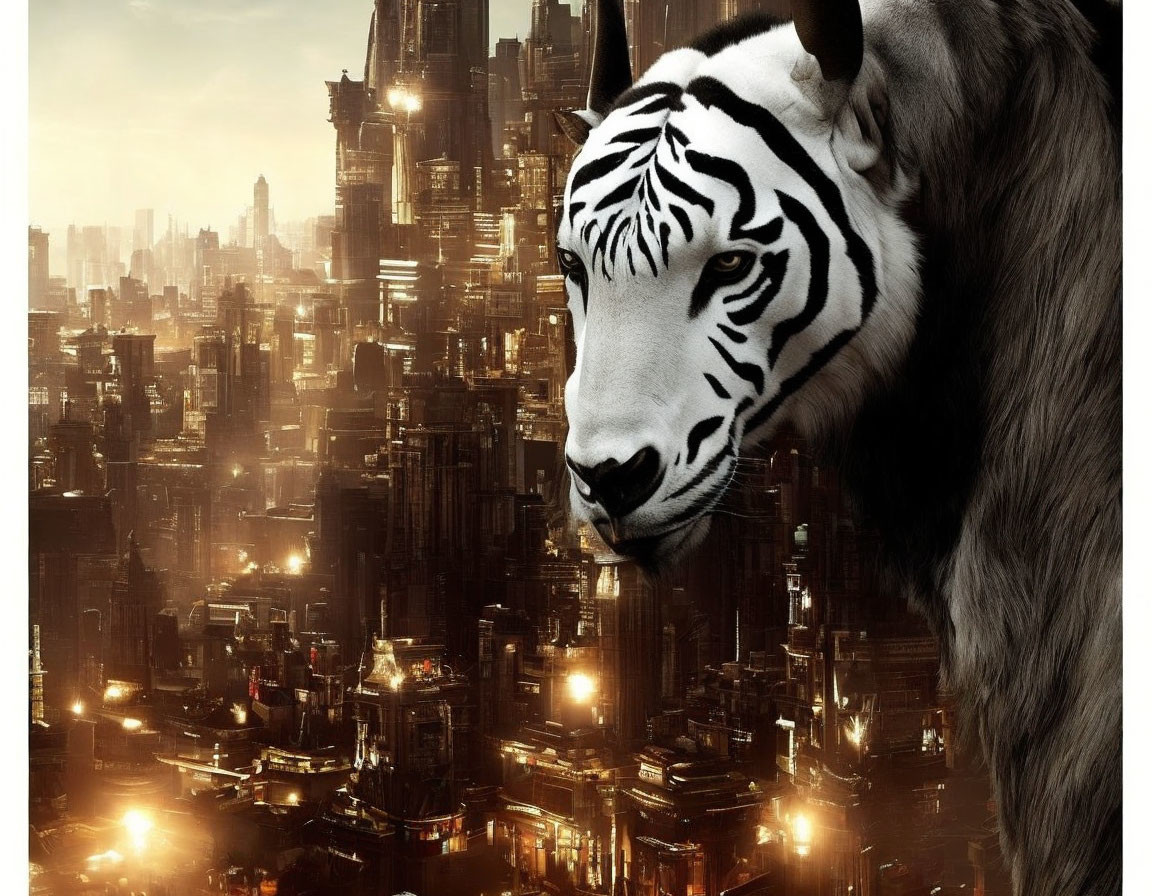 White tiger face merges with sunset cityscape in surreal art