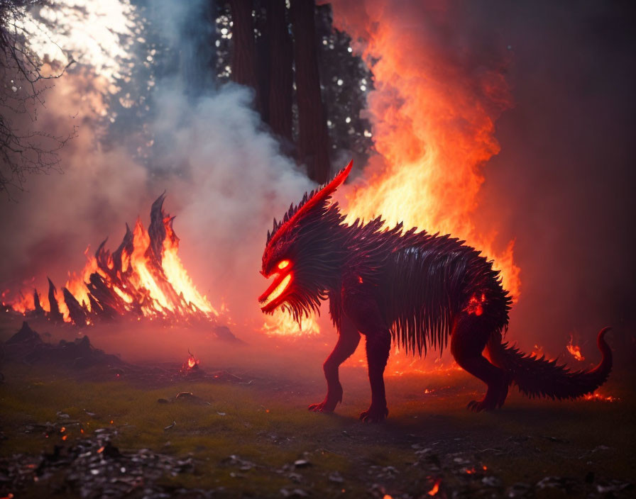 Fiery dragon-like creature in blazing forest landscape