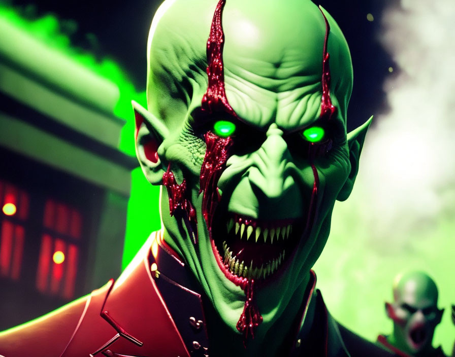 Menacing character with green skin, red eyes, sharp teeth on dark background