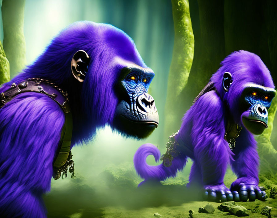 Two purple gorillas with blue facial features in green forest setting