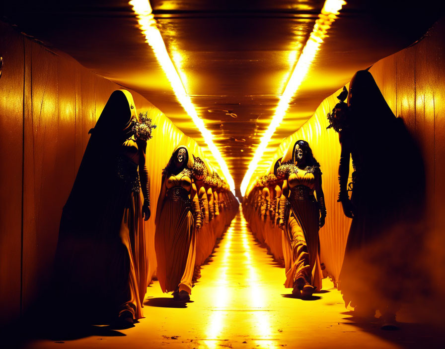 Group of individuals in dark cloaks walking in illuminated tunnel