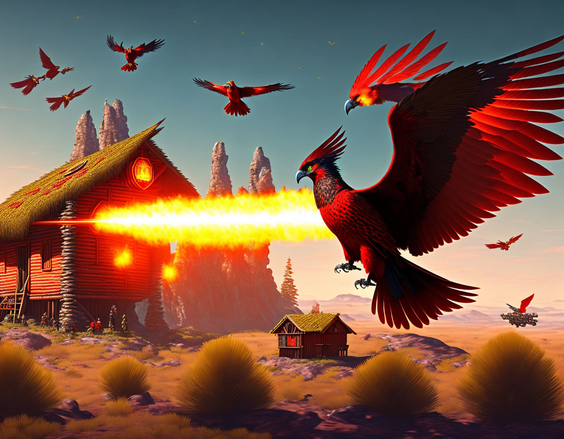 Giant parrots with fiery trails in rustic landscape