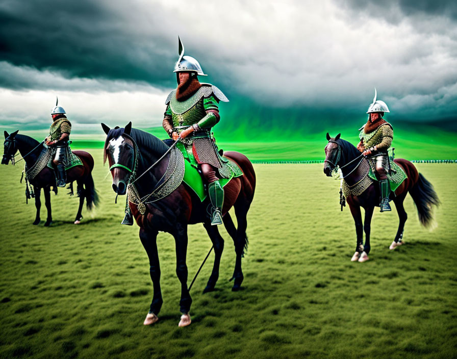 Medieval knights on horseback under stormy sky with green horizon.