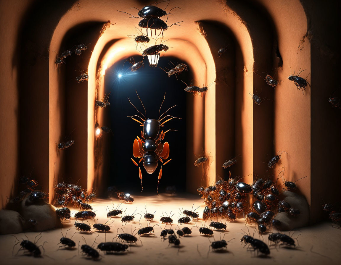 Digital artwork of oversized ants in illuminated tunnel space