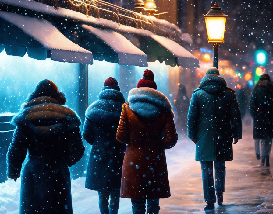 Group of People Walking in Winter Coats Under Snowfall at Night