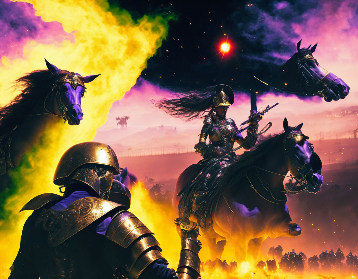 Female warrior and knight with horses in cosmic fantasy scene