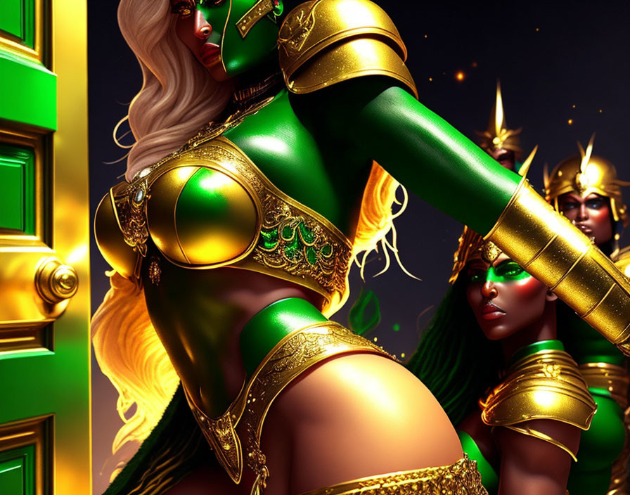 Stylized female warriors in green and gold armor with flowing hair