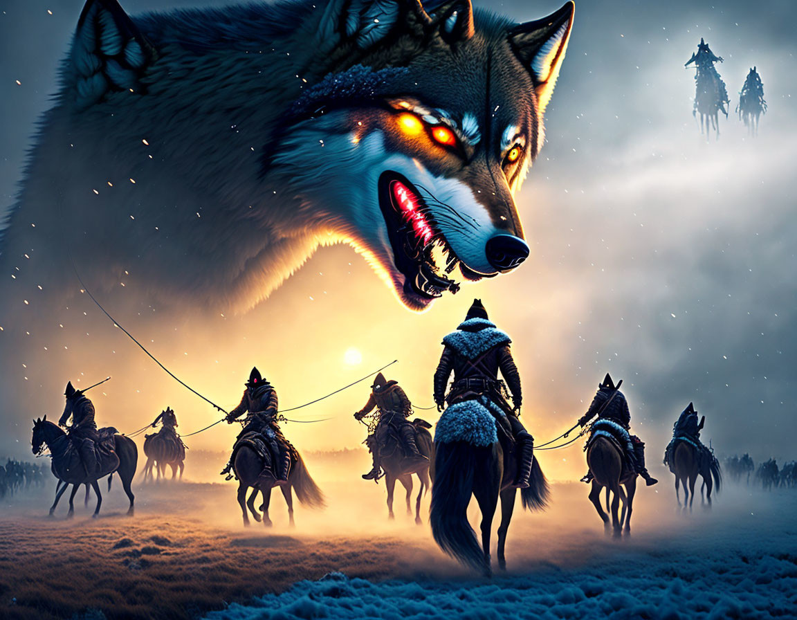 Giant Wolf Over Horseback Riders in Snowy Landscape