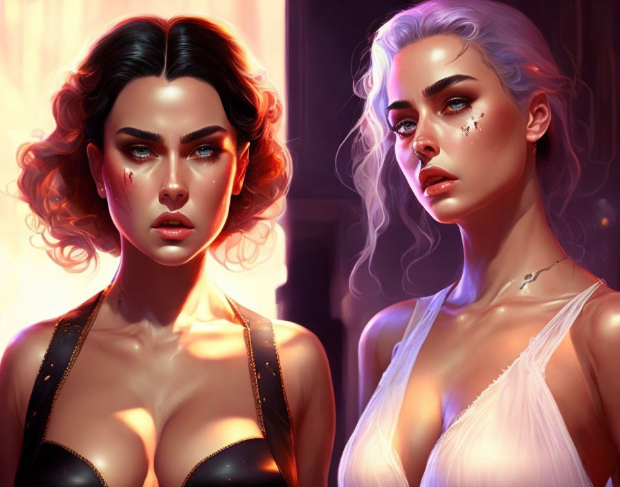 Stylized digital portraits of intense gazes: brunette and blonde women on warm-hued background