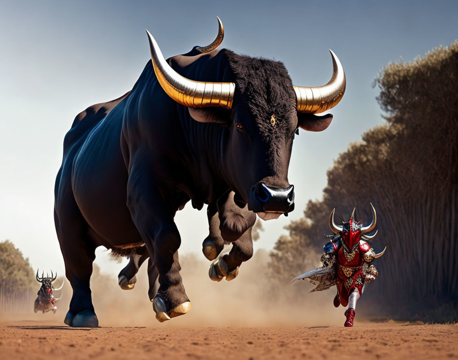 Samurai warrior chased by charging bull in high-speed pursuit