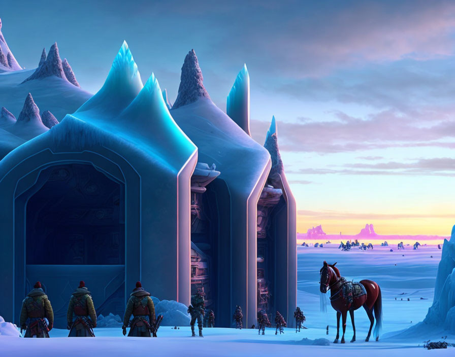 Riders near ice palace with spires in snowy twilight