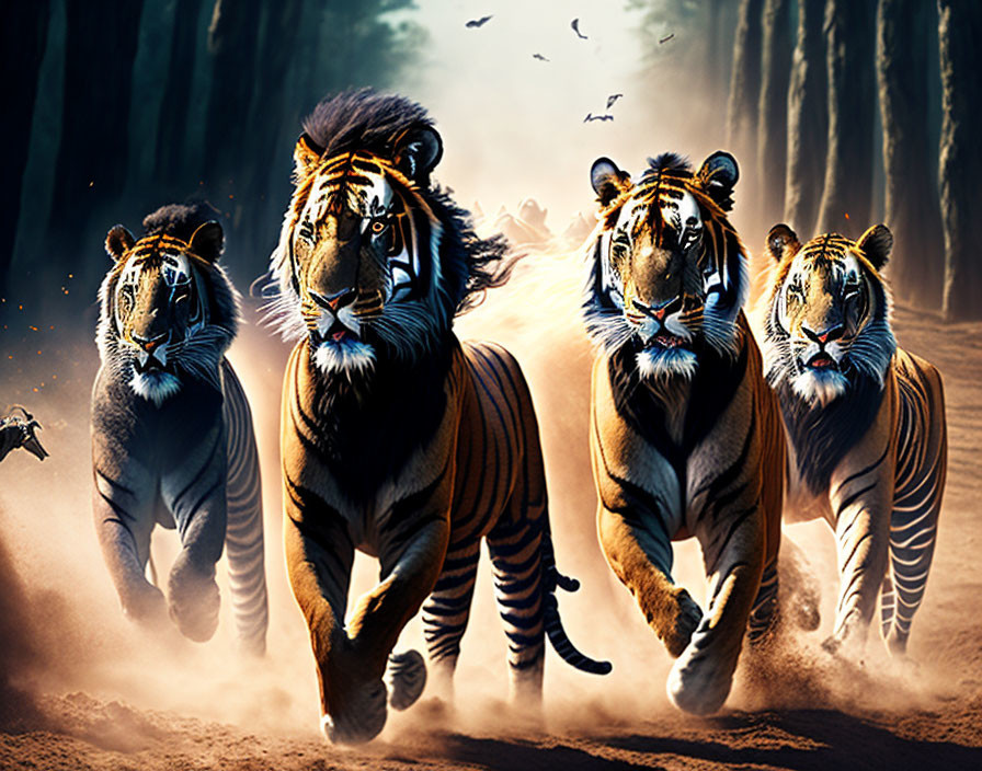 Four tigers running in forest clearing under dramatic light