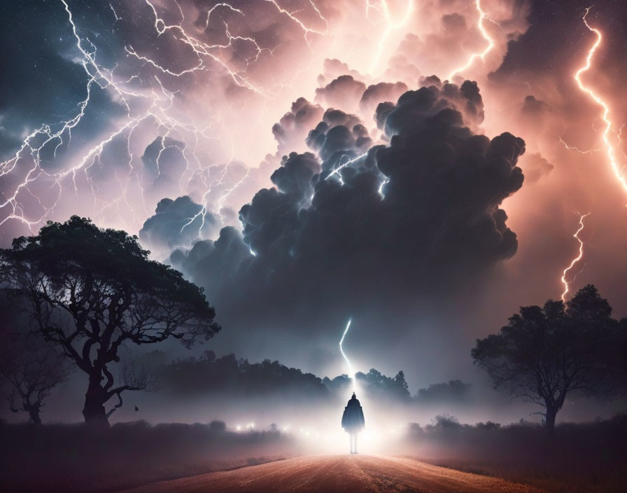 Person facing dramatic storm with lightning and silhouette tree