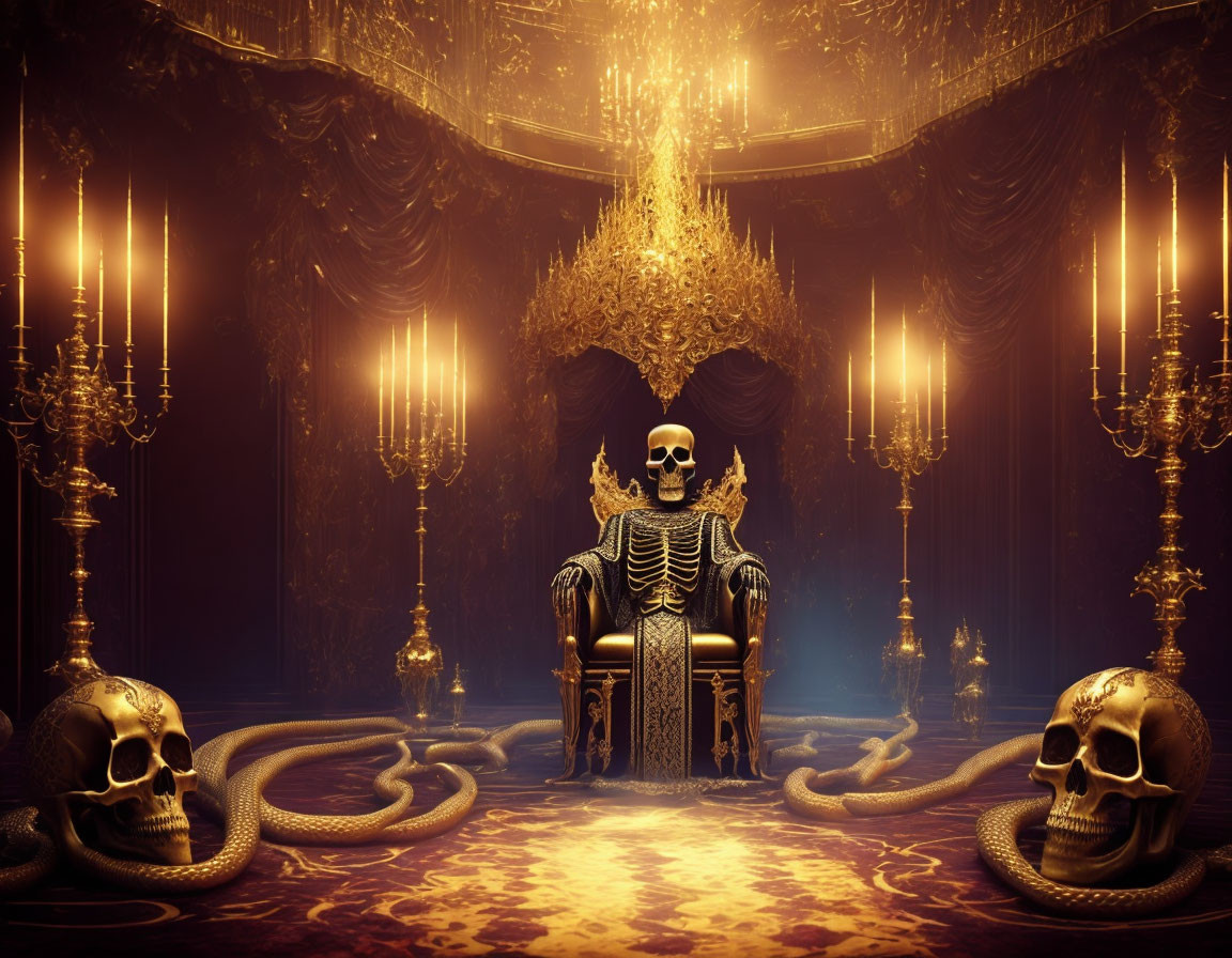 Skeleton on grand throne in regal room with golden candelabras, serpents, skulls,